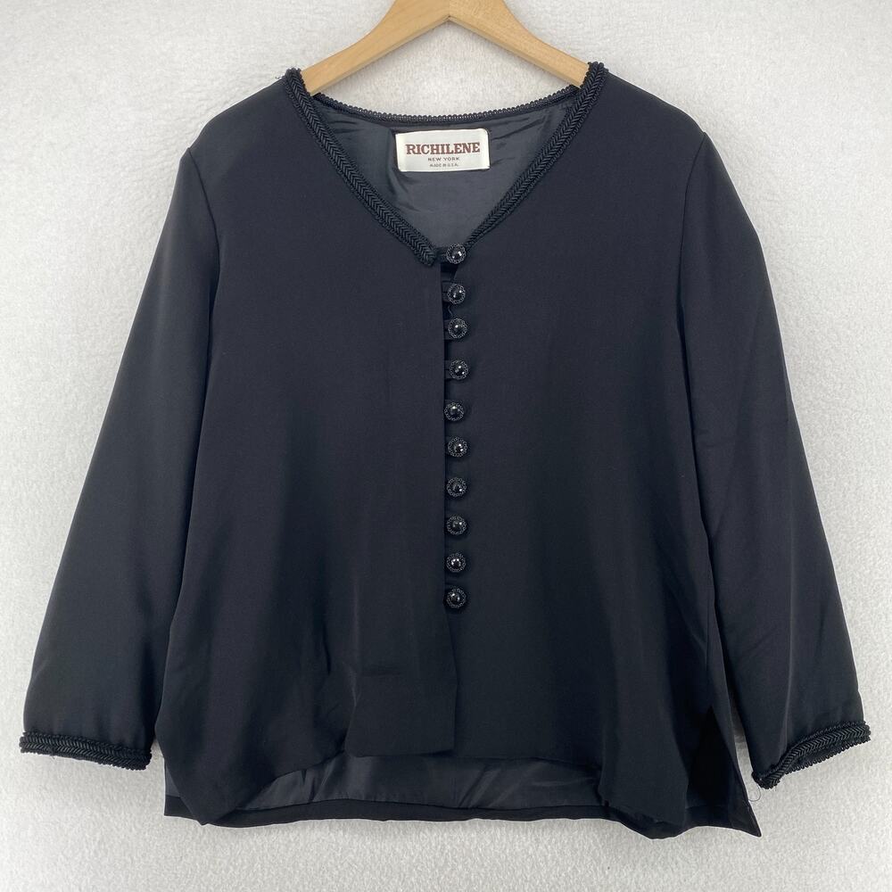 RICHILENE Top Womens XL V-Neck Braided Trim Long Sleeve Side Slit Black USA Vtg